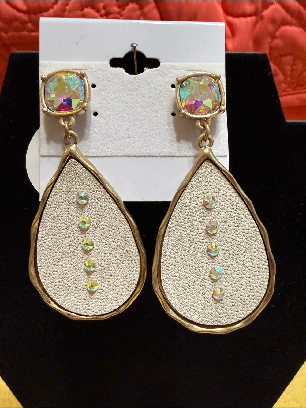 Gold-Trim Ivory Teardrop Dangle Earrings with Aurora Crystals